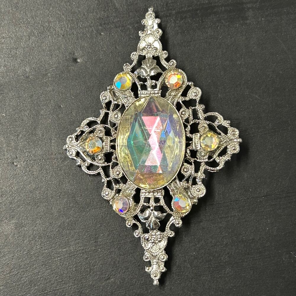 Vintage AB Rhinestone Silver Tone Filigree Ornate Frame Brooch‎